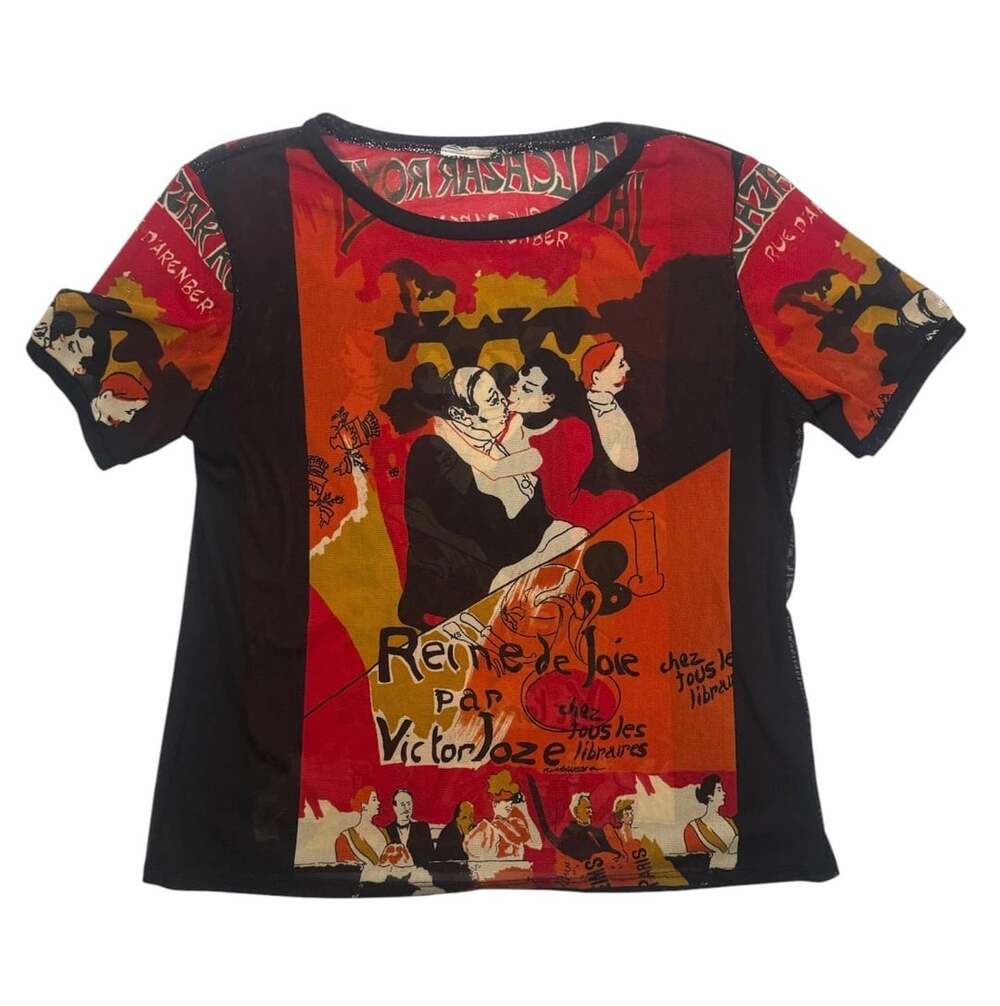 Vintage Toulouse Lautrec Reina De Joie Mesh Art Top Red Black